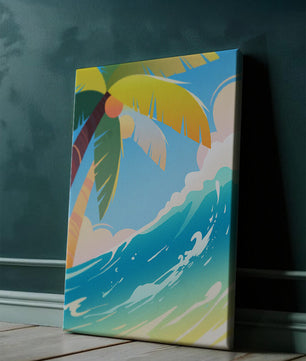 Escena vibrante de playa tropical con palmera y ola del océano
