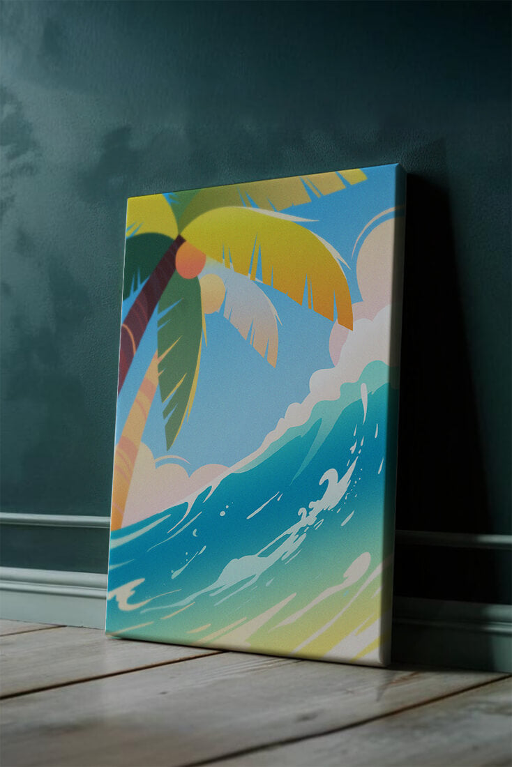 Escena vibrante de playa tropical con palmera y ola del océano