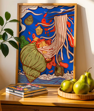 Intricate Noodle Illustration with Vibrant Colors and Detailed Elements