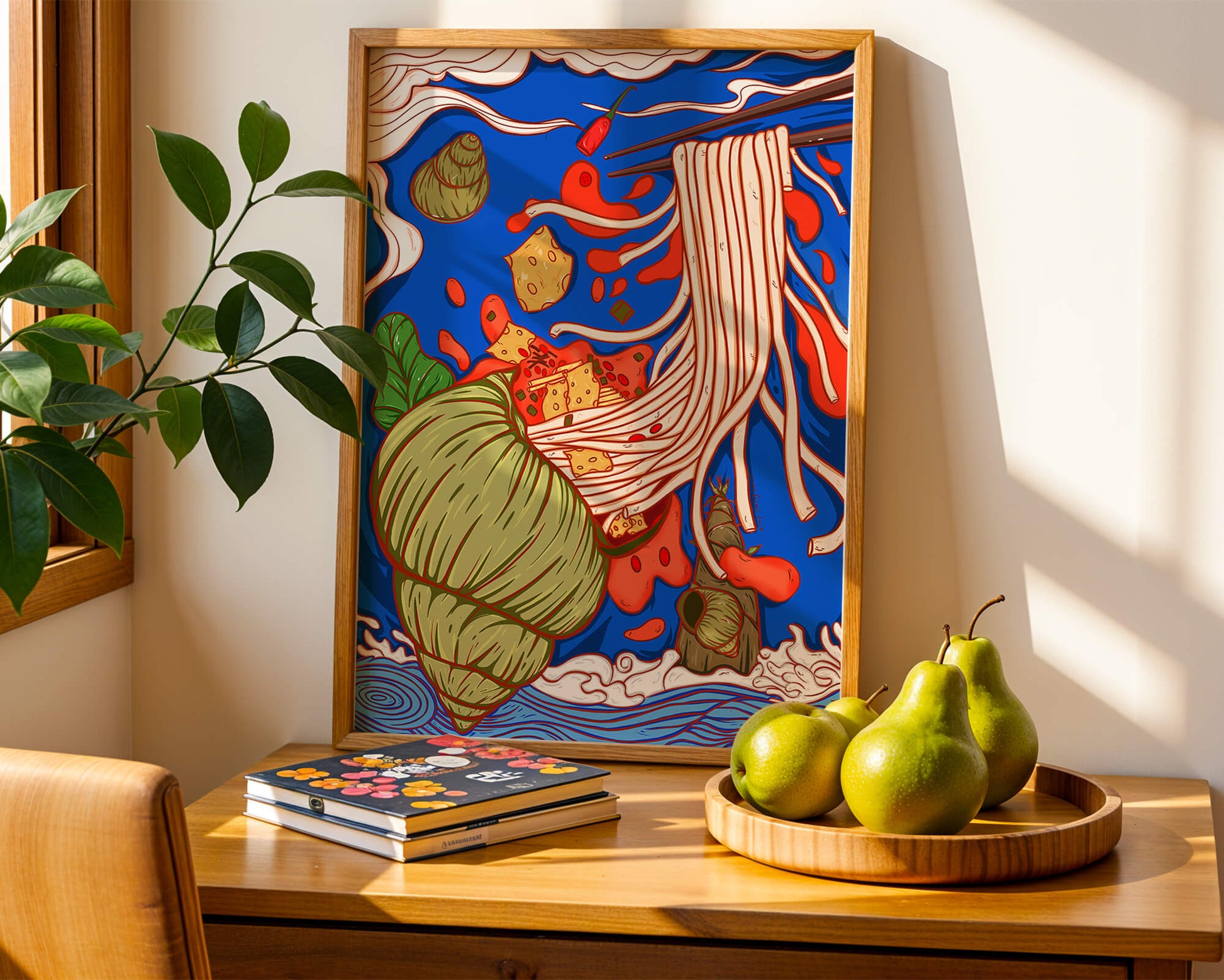 Ilustración intrincada de fideos con colores vibrantes y elementos detallados