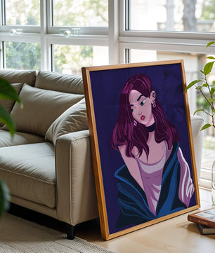 Illustration d'une fille élégante aux cheveux violets et à la veste bleue