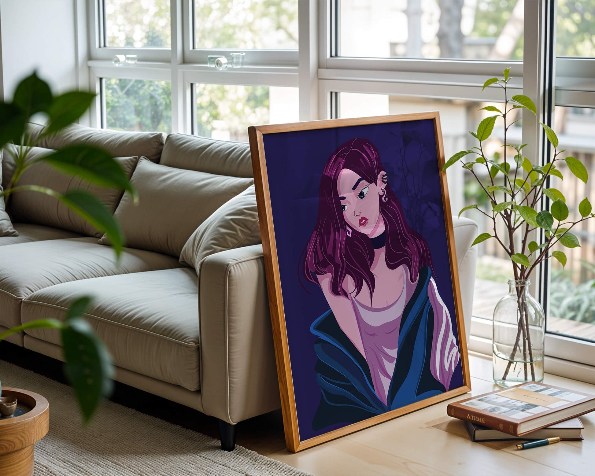 Stylish girl with purple hair and a blue jacket illustration