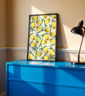 Vibrant lemon pattern with green leaves on a light background