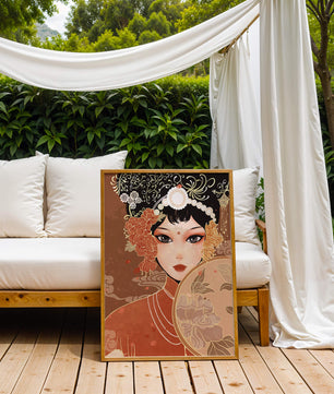 Elegante retrato de una mujer asiática con atuendo tradicional y elementos florales