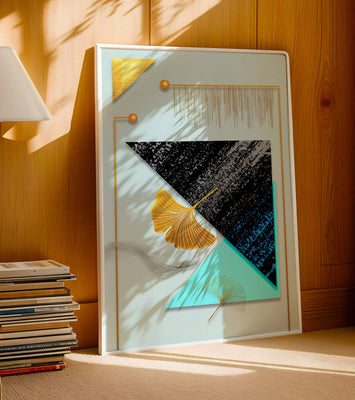 Abstract Composition with Geometric Shapes and Gold Ginkgo Leaves