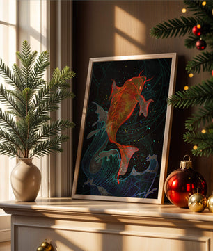 Koi Fish with Abstract Waves in Vibrant Colors