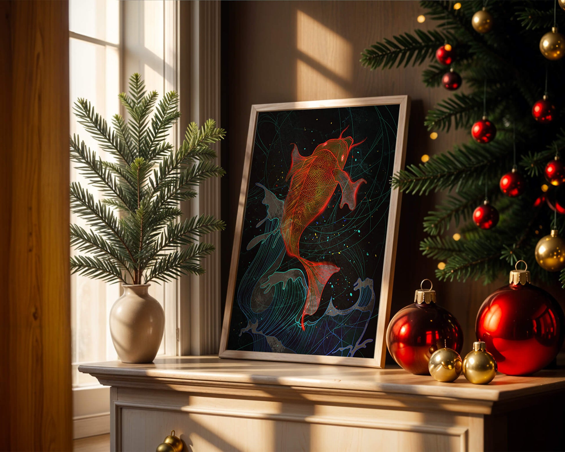 Koi Fish with Abstract Waves in Vibrant Colors