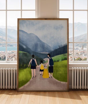 Famiglia in escursione in uno scenario montano panoramico con zaini