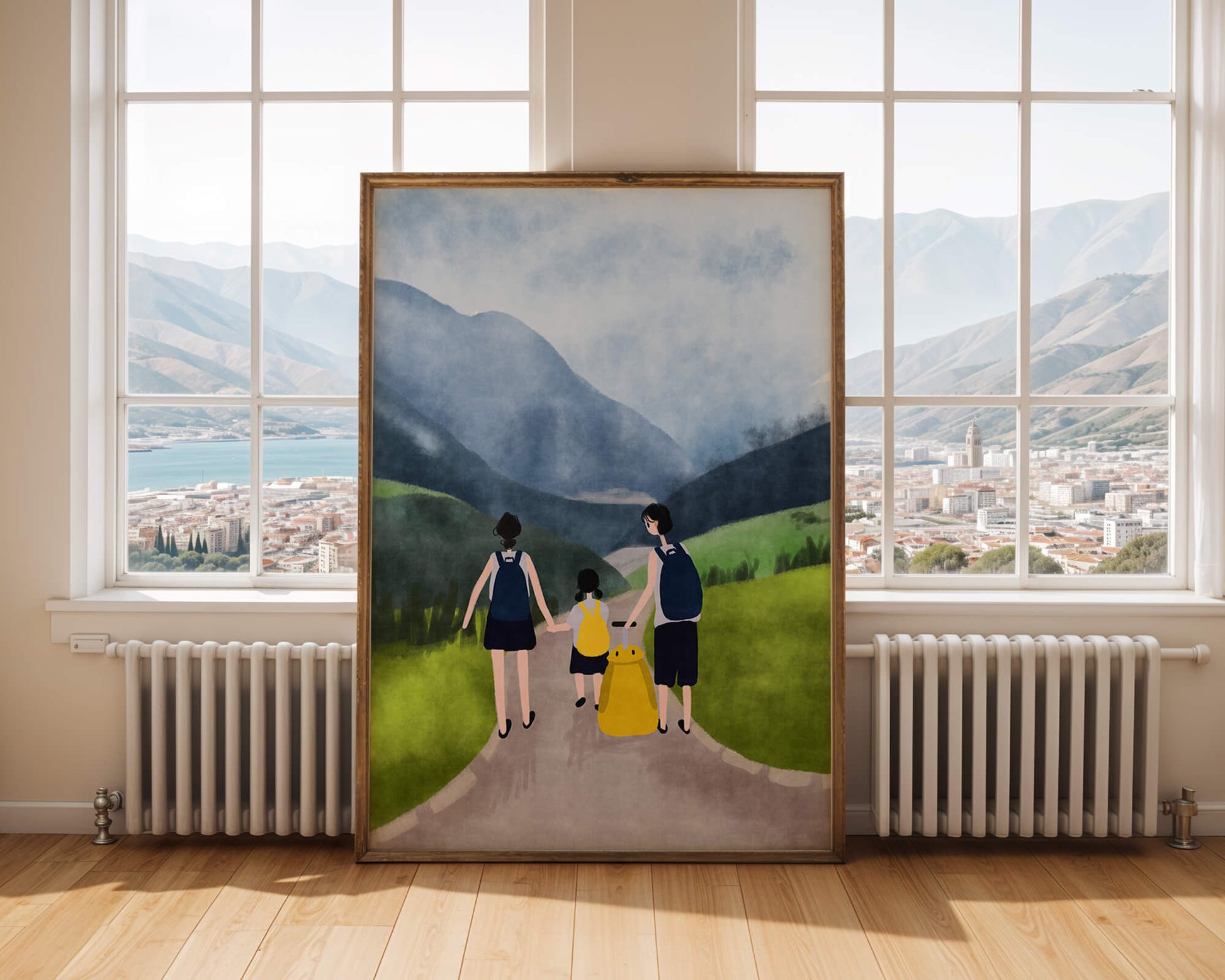 Family hiking in scenic mountain landscape with backpacks