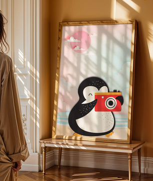 Whimsical penguin illustration with a camera on a pastel beach