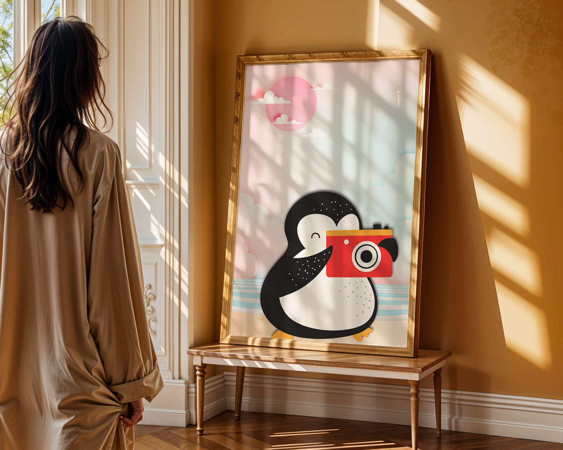 Whimsical penguin illustration with a camera on a pastel beach