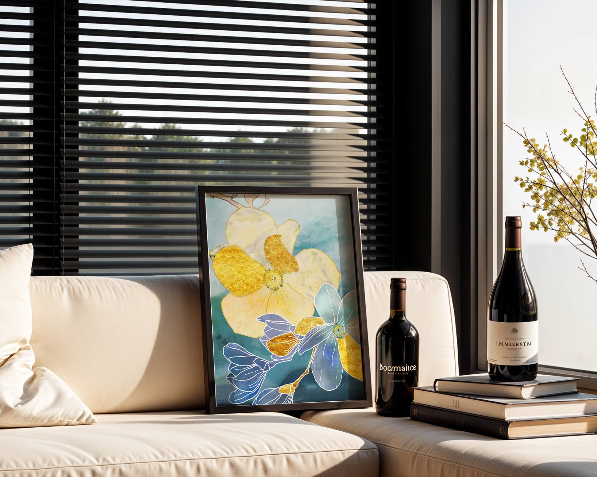 Arte floral abstracto con detalles dorados y tonos azules