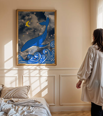 Whimsical blue whale in a starry night ocean scene