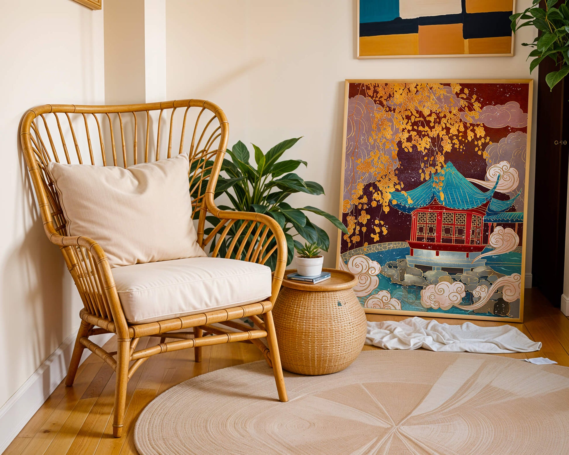 Pabellón chino tradicional con hojas doradas y nubes