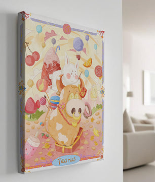 A whimsical Taurus zodiac illustration with playful animals and sweet treats