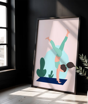 Ilustración de una mujer practicando la postura de parada de manos en yoga