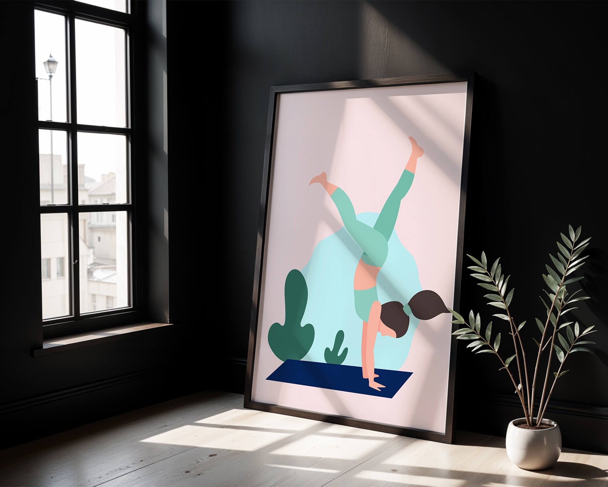 Illustration of a woman practicing yoga handstand pose