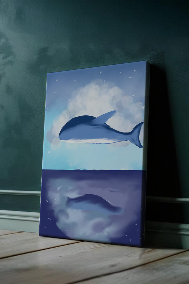 Surreal Ocean Scene with Floating Whale and Cloudy Sky Reflection