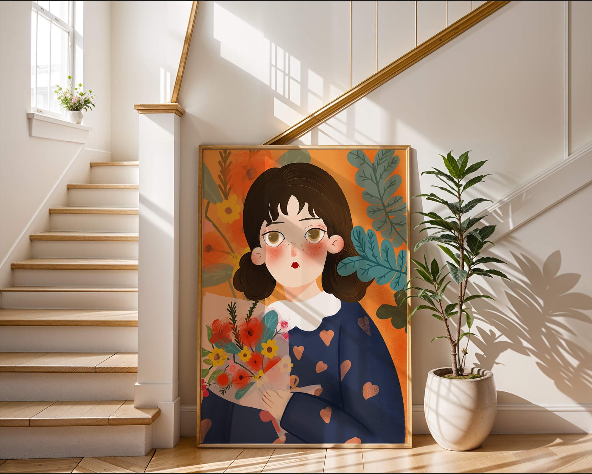 Ilustración colorida de una niña con flores rodeada de un fondo floral vibrante.