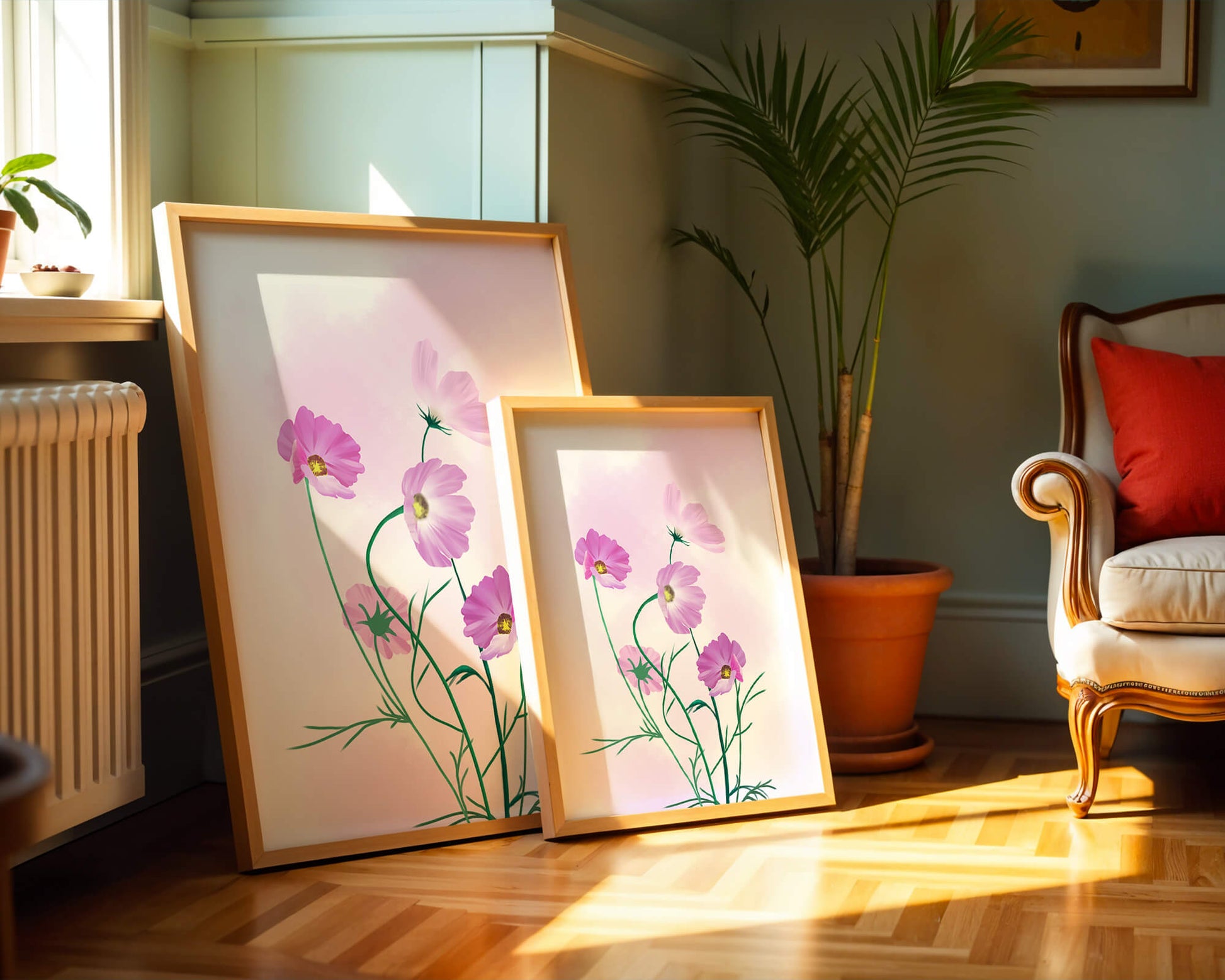 Delicate Pink Cosmos Flowers on Soft Pastel Background