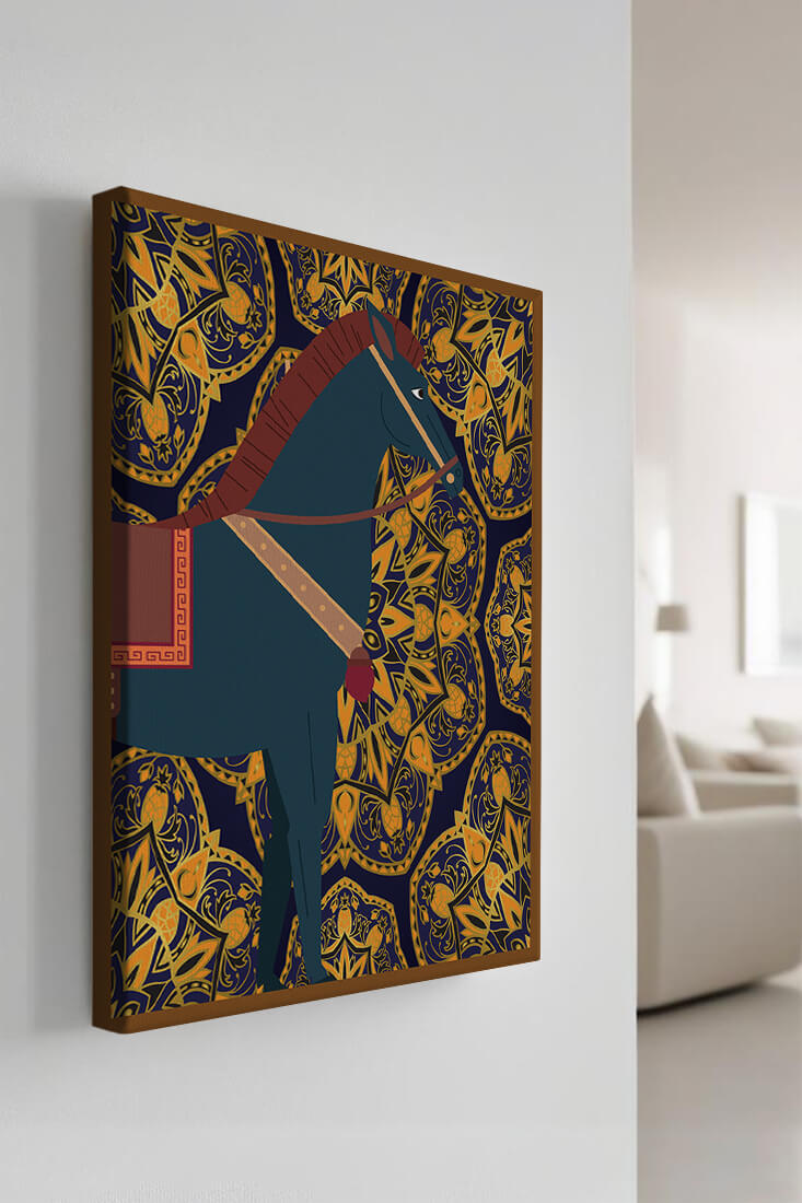 Stylized horse illustration on intricate golden pattern background
