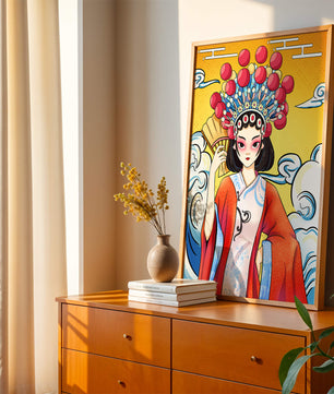 Eine elegante Darstellung asiatischer Kunst mit traditioneller Kleidung und kunstvollem Kopfschmuck