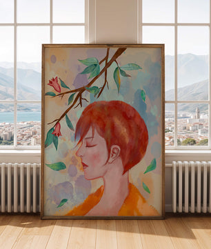 Illustrative artwork of a woman with red hair and floral branch