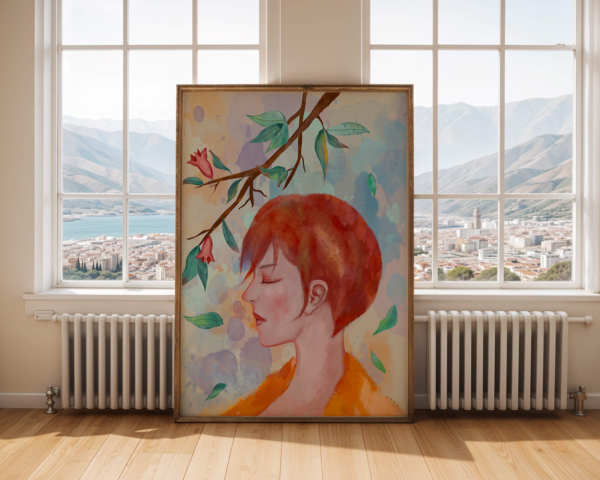 Illustrative artwork of a woman with red hair and floral branch