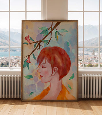 Illustrative artwork of a woman with red hair and floral branch