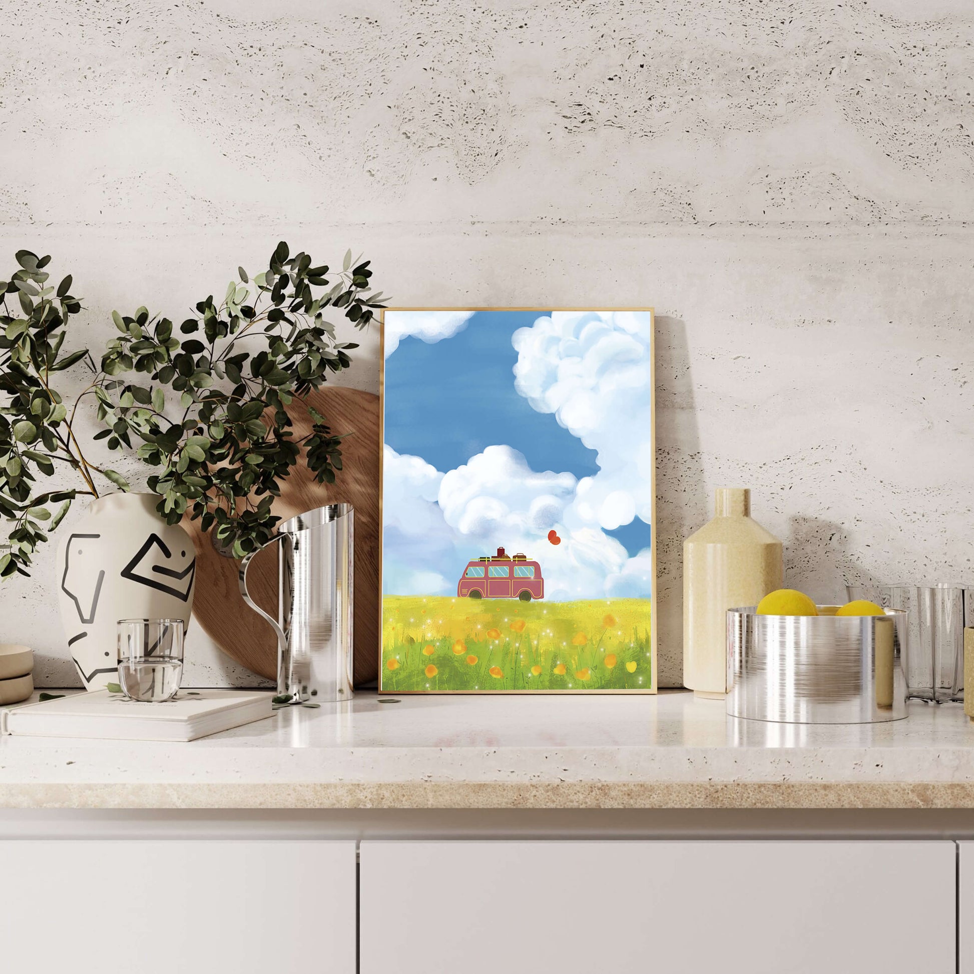 Colorful Van in a Vibrant Field with Balloons and Luggage