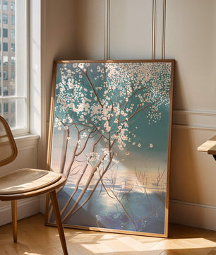 Paisaje sereno con árbol en flor sobre la reflexión del agua tranquila