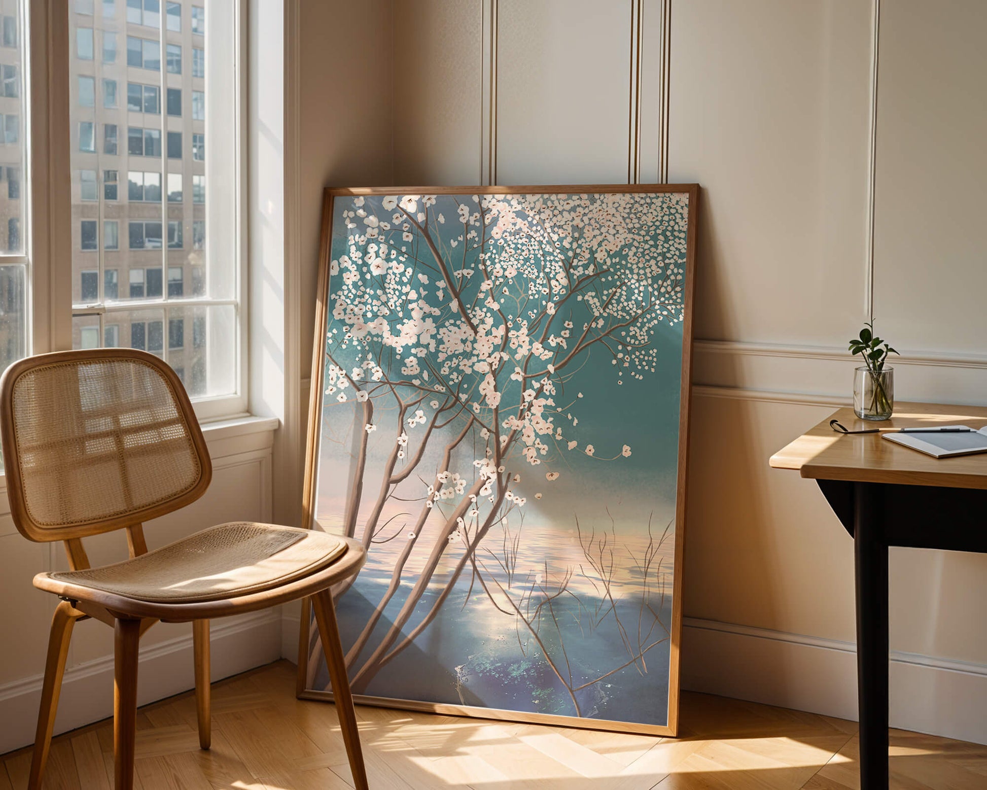 Serene landscape with blossoming tree over calm water reflection