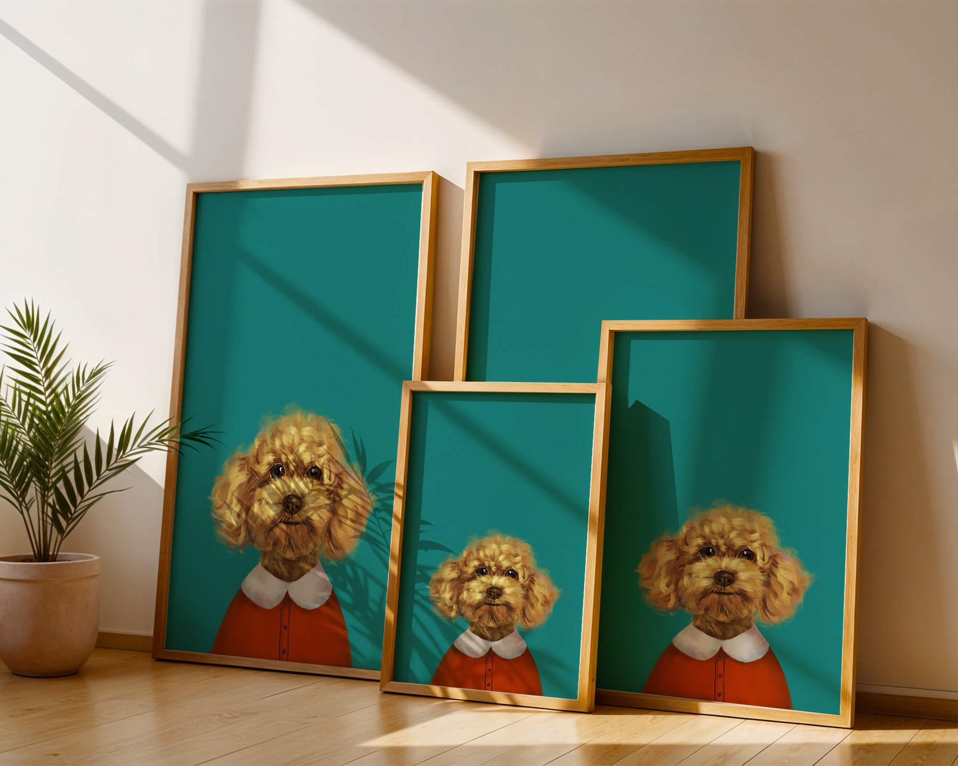 Portrait de caniche charmant en tenue de fête sur fond turquoise