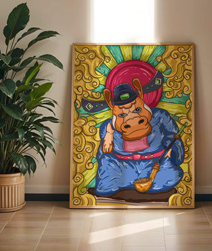 Ilustración colorida de un personaje animal caprichoso con alrededores ornamentados