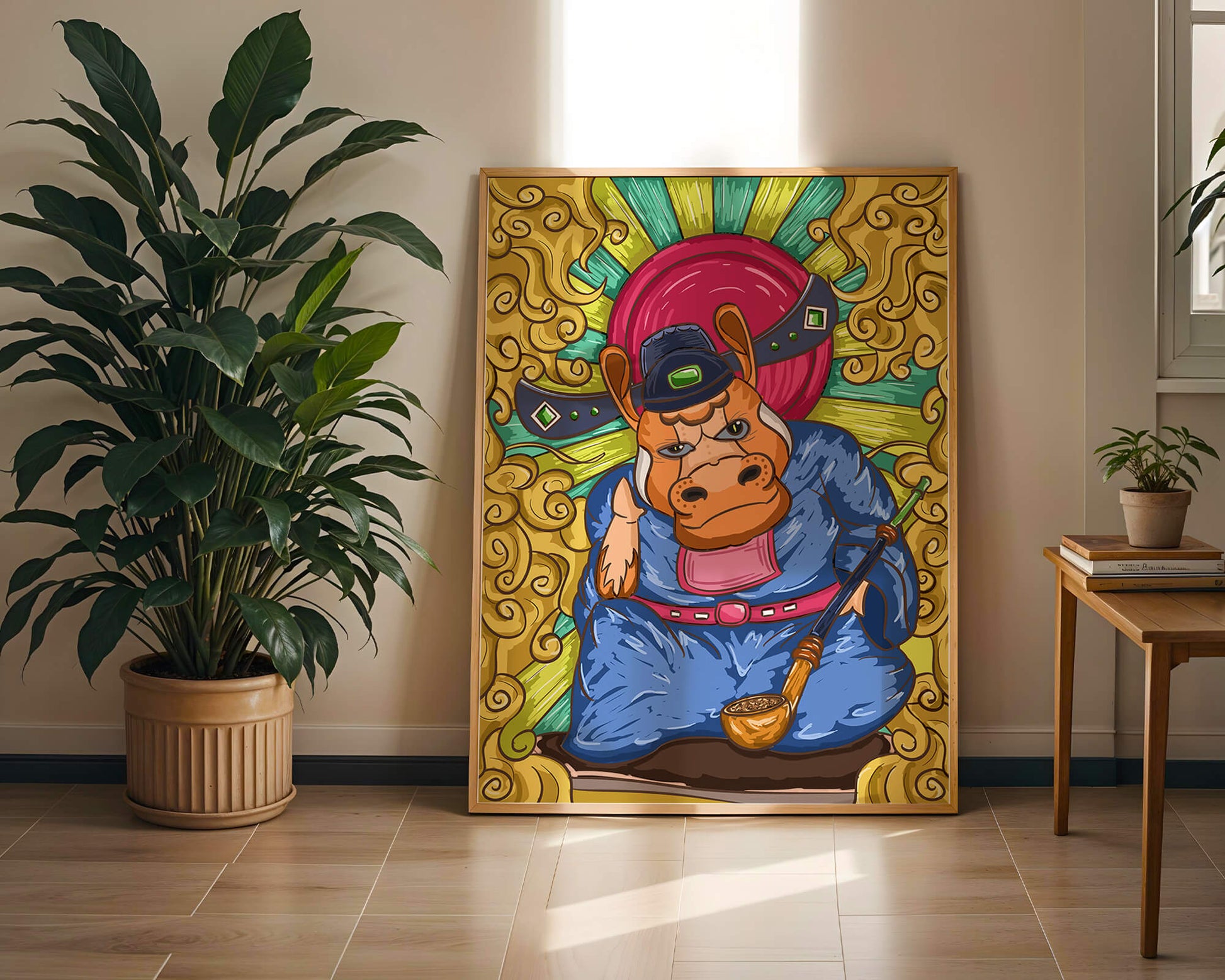 Traducción al español: Ilustración colorida de un personaje animal caprichoso con decoraciones ornamentadas a su alrededor.