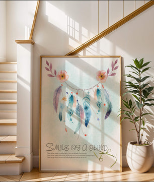 Whimsical dreamcatcher with feathers and flowers in a pastel watercolor style