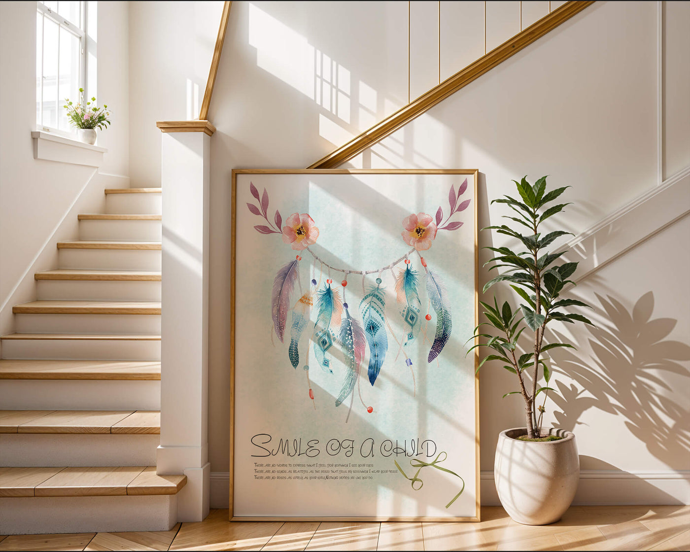 Whimsical dreamcatcher with feathers and flowers in a pastel watercolor style