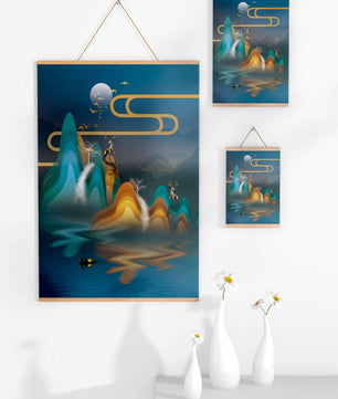 Paisaje abstracto con ciervo dorado y montañas en capas en una serena escena nocturna