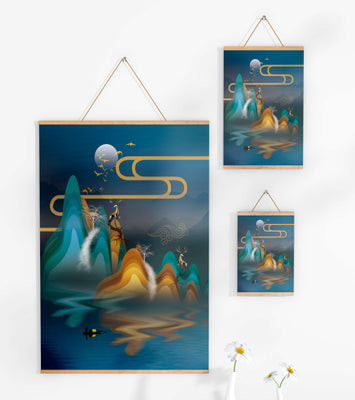 Abstract landscape with golden deer and layered mountains in serene night scene