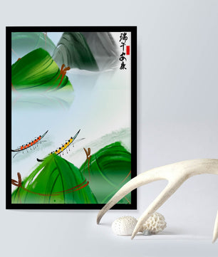 Ilustración del festival de botes dragón con dumplings de arroz tradicionales y botes dragón