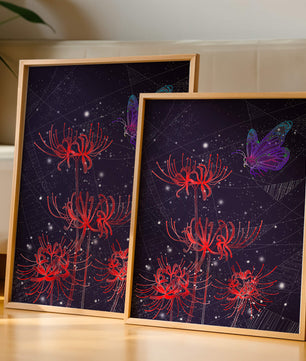 Vivid Night Sky with Red Spider Lilies and Purple Butterfly - Mi tienda