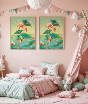 Serene lotus pond with vibrant lilies and lush green leaves