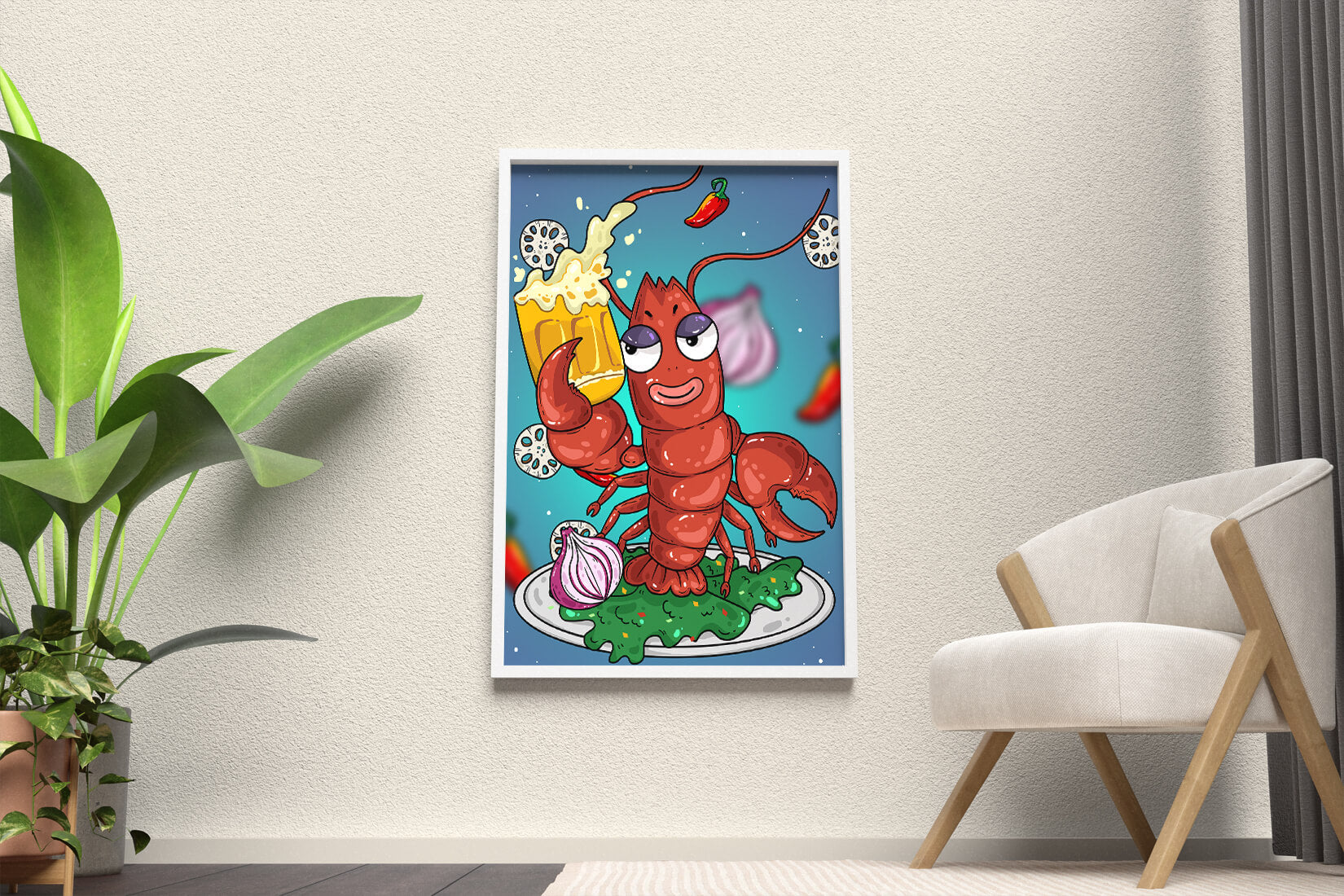 Playful cartoon lobster holding a beer in a whimsical setting