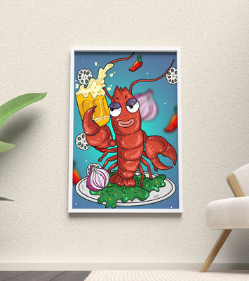 Playful cartoon lobster holding a beer in a whimsical setting