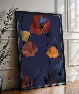 Abstract Floral Illustration with Colorful Flowers on Dark Background
