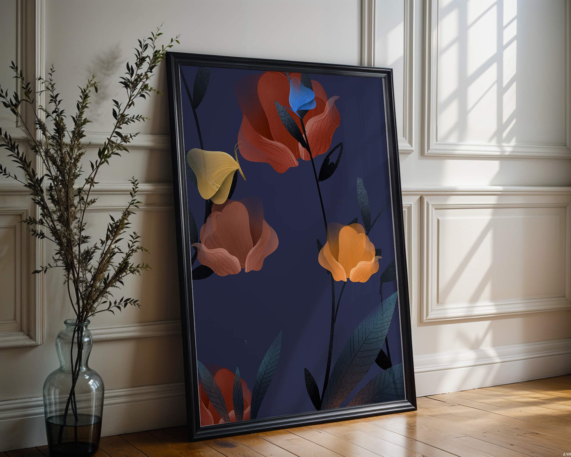 Abstract Floral Illustration with Colorful Flowers on Dark Background