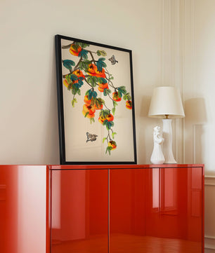 Branch with vibrant persimmons and birds illustration