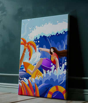 Ilustración de un surfista cabalgando una ola entre delfines y palmeras