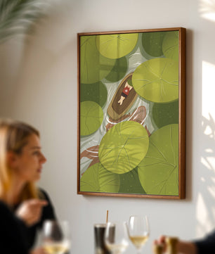 Person in boat among lush green lily pads