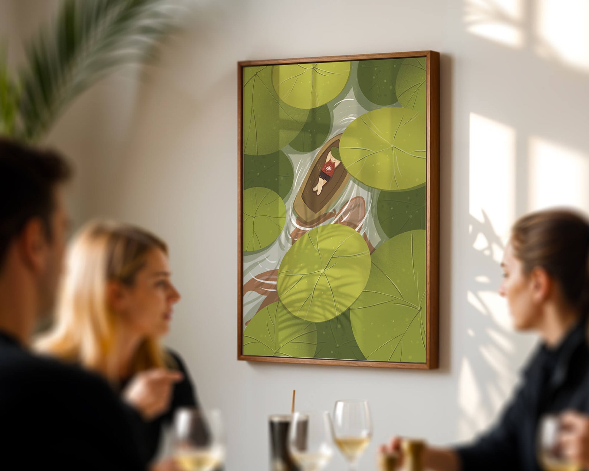 Person in boat among lush green lily pads